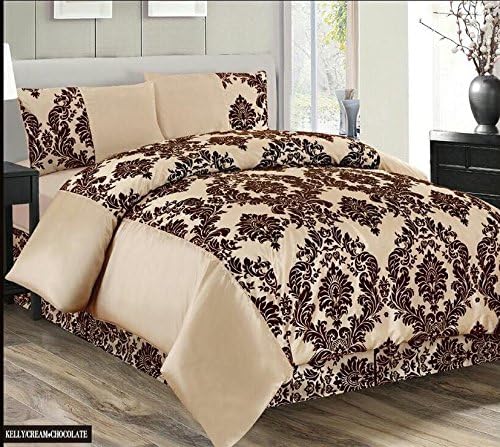 4Pc Damask Flock Complete Bedding Set/ Duvet Cover+Valance Sheet+Pillow Cases (King, Cream Brown)