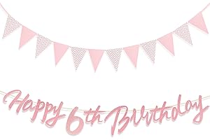 Zi Lan 6th Birthday Party Decorations Glitter Rose Gold Birthday Banner and Triangle Flag Banner for Girls Baby Showers Decorations Supplies