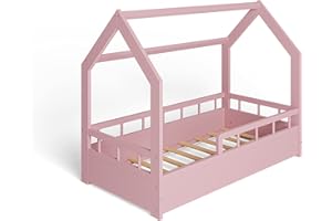 MS FACTORY Lit Enfant Bébé Maison 70x140 cm - Lit en Massif Cabane avec Protection Anti-retombée, Barrière Sécurité - Style Scandinave Montessori - Rose Demi-barrières