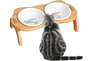 Comedero Gato Elevado,Smavles Cuencos con una inclinación de 15 º para Agua y Comida en Soporte de Madera Cuenco Cerámico del Gato para Gatos y alimentación de Agua