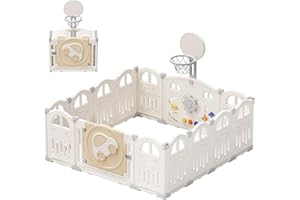 UBRAVOO Parc pour bébé pliable avec mini panier de basket et 50 balles colorées, à thème de voiture pour tout-petits,grand centre d'activités intérieur amusant(14 panneaux,Blanc laiteux)