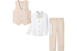 LOLANTA 4PCS Traje de Boda para PAJE Niño, Conjunto de Chaleco y Pantalón Lino para Niños, Ropa de Bautizo Ceremonia Fiesta, Chaleco+Pantalón+Camisa+Pajarita