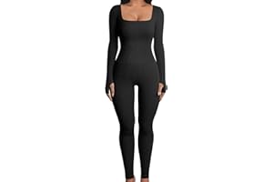 FeMereina Women's Sexy Bodycon Long Sleeve Square Neck One Piece Romper Ribbed Knit Yoga Jumpsuit Workout Unitard Playsuit Backless Cute Club