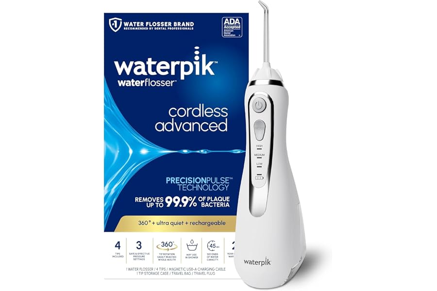 Waterpik Irrigador Dental Eléctrico con 3 Posiciones de Control del Agua a Presión con Cargador USB, Eliminación de Placa Den