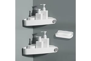 Sotfamily 2 Packs Corner Shower Caddy + 1 Soap Dish, No Drill Shower Organiser with Adhesive Pad, Rust Free Plastic Shower Storage for Bathroom, Kitchen, Toilet (White)