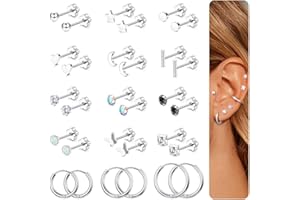JeweBella 15 Pairs Flat Back Stud Earrings for Women - Surgical Steel, Hypoallergenic Zirconia Opal - Silver/Gold Small Helix Cartilage Hoops for Multiple Piercings