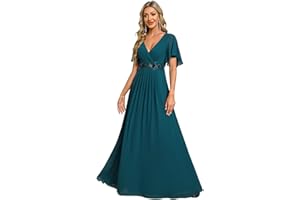 Ever-Pretty Robe de Témoin de Mariage Longue Appliqué Col V Manches Courtes Chic EE01960-P