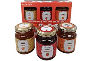 CAFFÉLUXE Caffeluxe - Jam and Marmalade Jar Set - Friends Strawberry Jam, Peach Jam & Orange Marmalade Jam Gift Variety Pack - The One With The Jam Selection - 3 x 310g Jars