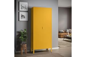 skølm Ituri Metallschrank Senfgelb – Kleiderschrank mit 6 Fächern & 2 Kleiderstangen – Garderobenschrank Flur 80 cm breit – Schlafzimmerschrank Industrial Style – Stahlschrank für Wohnzimmer & Büro