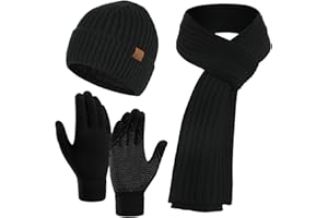KUNYEAH Juego de 3 guantes unisex de invierno para gorro, bufanda, gorro de punto cálido, guantes de pantalla táctil, bufanda larga para hombres y mujeres
