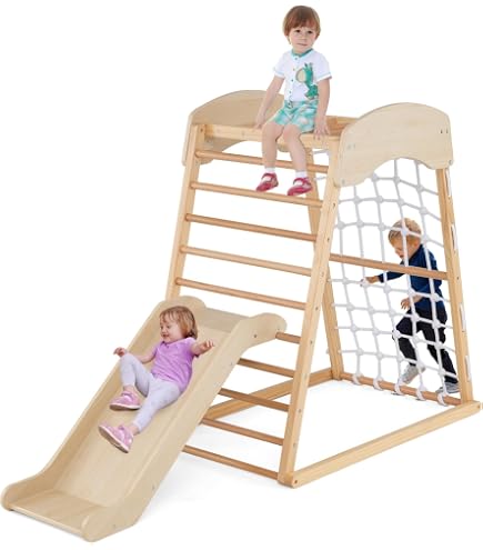 COSTWAY Double Sided Triangle Climber Wooden Climbing Toy