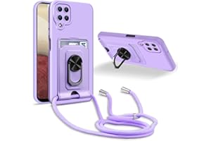 JMstore Handykette Schutzhülle Kompatibel mit Samsung Galaxy A12/M12,360° Ring Ständer magnetisches Eisenblech+Kartenfach Kameraschutz Stoßfester Silikon hülle-Lila