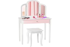 GOPLUS 2 in 1 Kinder Schminktisch, Frisiertisch & Stuhl, Kosmetiktisch mit Abnehmbarem 3-Fach-Spiegel & Schublade, Gepolsterter Hocker, aus Holz, im Landhausstil, Kinderschminktisch für Mädchen (Weiß)