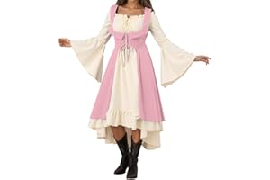 Generisch Mittelalter Kleidung Damen, Dameskleid in Einfarbig mit Schulterfreiem Ausschnitt, Batwing-Ärmeln und Spitzenverzierung im Gothic-Stil, Halloween Kleid Damen