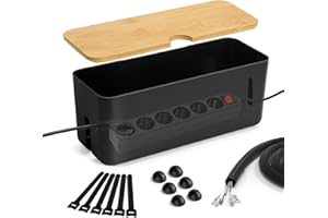 Lannvan Caja Organizadora de Cables con Tapa de Bambú, para Ocultar y Recoger Cables y Regletas - para Mesa y Escritorio - Negro