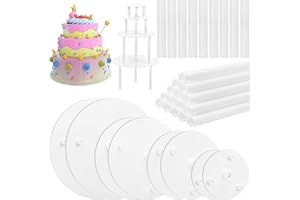 ZEAYEA 24 Pieces Cake Dowel Rods with 8 Pieces Cake Separator Plates for 4, 6, 8, 10 Inch 4 Tiered Cakes, Plastic Cake Sticks Support Rods and Cake Boards for Cake Construction and Stacking