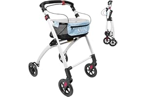 KMINA Déambulateur 4 Roues Pliable Léger Adulte, Extérieur et Intérieur, Rollator Panier en Haut, Étroit Réglable en Hauteur, Bleu - KMINA PRO