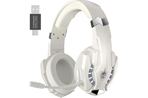 PHOINIKAS Casque Gaming Wireless pour PS4/PS5/Switch/PC/Téléphone Portable/Ordinateur Portable/Tablette, 2,4GHz Dongle(USB et Type-C), Microphone Antibruit Amovible, Stéréo 7.1, Lumière LED