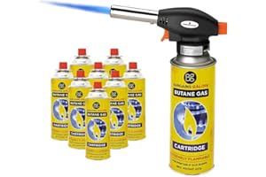 BARGAINS-GALORE Blow Torch with Butane Gas Bottles - for Camping, Cooking, Kitchen, BBQ, Desserts, Creme Brulee | Flamethrower Welding Refill Auto Ignition Soldering Weed Burning (Blow Torch + 8 Gas Bottles)