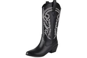 COOLCEPT Wetsern Cowboy Boots Embroidered Mid Calf Boots Pull on