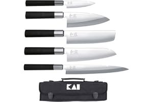 KAI Wasabi Black Ensemble de Sacs de Couteaux - Couteau Utilitaire 10 cm, Deba 15 cm, Nakiri 16,5 cm, Santoku 16,5 cm, Yanagiba 21 cm - acier inoxydable poli 6A/1K6 58 (±1) HRC - Fabriqué au Japon