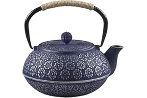 DEMEUBLE Théière en fonte, théière en fonte de style japonais, avec infuseur amovible en acier inoxydable, théière en fer bleu pour café, sachets de thé, thé en vrac, motif floral, 1000 ml