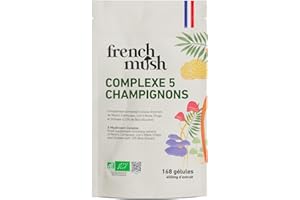French Mush Complexe 5 Champignons Bio Grand Format - 168 Gélules Vegan - Shiitake, Lion’s Mane, Reishi, Cordyceps, Chaga - Digestion, Bien-Être Intérieur, Vitalité - Testé en Laboratoire