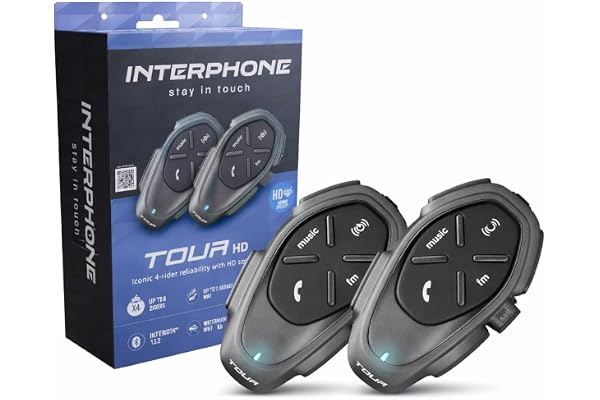 Interphone Tour HD - Double Casque Moto Écouteurs Stéréo Haute Fidélité 40 mm, 4 Motocyclistes, Distance 1.5 Km, Autonomie 25 Heures, Fast Charge, TFT, étanche IPX67