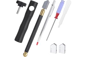 Booramy 7 Stück Glasschneider Set für 2-20mm Dickes Glas/Spiegel/Fliese/Mosaik, Professionelles Glasschneider Werkzeug mit Legierung Griff, Ölzufuhr, 3 Hartmetall Schneidköpfe, Schraubenzieher