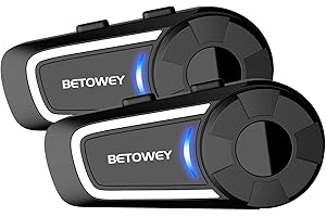 BETOWEY Auriculares Moto, TK-X4 Intercomunicador Casco Moto en Grupo para 6 Personas con Compartición de Música, Asistente de Voz, Radio FM y 2 Opciones de Micrófono (2 Piezas)