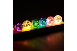 VAVPUP 7 Farbige Kristallkugel Nachtlicht,40mm Eis Riss Kugeln mit LED-Holzsockel,360° Drehbar,Fantastische Sternkugel aus Farbigem Glas,Dekoration für Zuhause,Zimmer und Büro,Geschenk für Freunde,Lehrer(A)