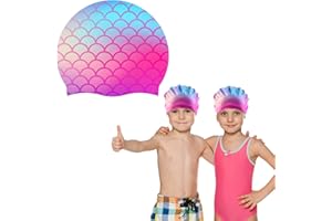 MPLEHDA Gorro de natación para niños de pelo largo gorro de natación para niños y niñas de 4 a 12 años 3D elástico cómodo gorro de baño de silicona impermeable