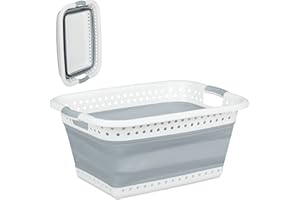 Relaxdays Cesto Portabiancheria Pieghevole con Manici, Plastica e Silicone, Salvaspazio, HxLxP 27 x 61 x 45,5 cm, Grigio