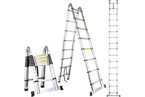 Échelle Télescopique en Aluminium 3,8m(1,9+1,9)m, EXGOO Échelle Télescopique Pliante, Échelle télescopique Extensible, Escabeau Telescopique Échelle Pliable Loft Ladder, Résistance à 150kg