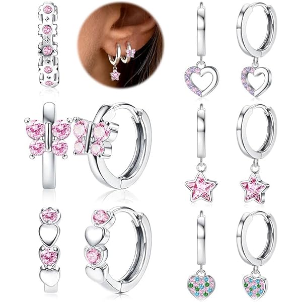 Lot De 8 Paires De Boucles D'oreilles En Argent 925 Hypoallergéniques - Modèles Fleur, Cœur, Papillon - Pour Filles Et Femmes