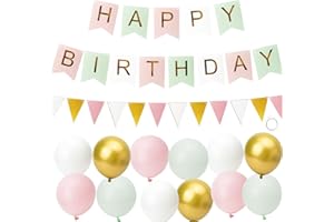 KRIOVOA Happy Birthday Banner, Birthday Decorations for Girls and Women with 12 inch Balloons Banner Bunting Decorations Green Pink.