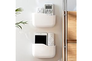 Lanjue 2 Pieces Wall Mounted Remote Control Holder, 2 Grids Adhesive Storage Box Detachable TV Remote Controller Holders Beside Storage Box Wall Pen Holder Mobile Phone Charging Stand