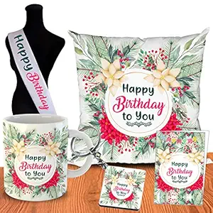 ODDCLICK Polycotton 100TC Cushion Cover with Filler, Printed Coffee Mug, Greeting Card, Key Ring, 12x12 inch, 1 Happy Birthday Sash, 1 Cushion Cover With Filler, Coffee Mug, 1 Keyring,1 Greeting Card