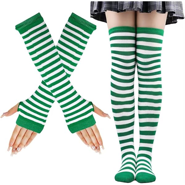 Gestreifte Lange Strickhandschuhe & Socken Set – 2 Paar, Kniehoch, Für Kostüm & Kalte Tage