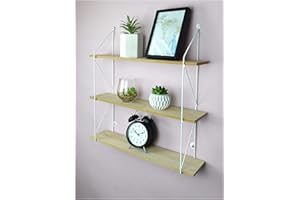 spot on dealz® 3 Tier Floating Shelf Wall Shelves for Bedroom Wall Mounted Bookcase Hanging Shelves Bookshelf Book Shelves for Living Room Display Wooden Shelving Unit White Metal Wire