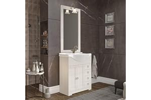 INBAGNO Mobile bagno a terra retrò 75 cm bianco decapè in legno, lavabo in ceramica e specchiera 50x100 con cornice e lampada in ottone, ROMANTICA