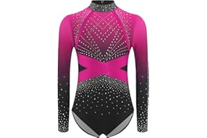 ranrann Enfant Fille Justaucorps Gymnastique Strass Manche Longue Danse Gym Tenue Patinage Artistique Costume Spectacle 5-16 Ans