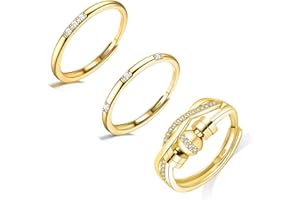 HEEYA 3Pcs Silver Rings for Women Girls - 925 Sterling Silver Plated Fidget Ring Set - Adjustable Open Spinner Fidget Anxiety Ring for Women Cubic Zirconia Anniversary Jewellery Gifts, Gold/Silver
