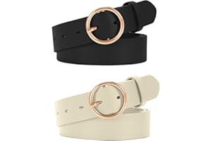 WERFORU Pack de 2 cinturones de piel para mujer, pantalones vaqueros, moda para mujer, cinturón de cuero con hebilla de anillo dorado