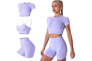 IDOPIP Women's Yoga Workout Outfits 3 Piece Sets Seamless High Waist Running Shorts with Padded Sport Bra and Shorts Sleeve Crop Tops Gym Clothes Tracksuit Sportswear