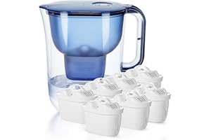 Watus Filtro de agua, jarra de filtro de agua azul, incluye 7 cartuchos Watus - Jarra de filtro de agua (3,8 litros), filtro de agua potable para reducir la cal, el cloro, el plomo y el cobre en el