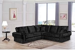SOFALAND Huge Sale Black Crushed Velvet Corner Sofa For Living Room Include Cushion - 5 Seater corner couch - Corner Sofa For sale UK - Delivery all Over UK