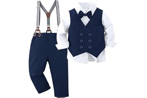 Amissz Jungen Anzug Gentleman Outfit 6-10 Jahre, Kleinkind Festlich Bekleidungsset Taufanzug Hochzeitanzug Festanzug + Langarm Hemd + Weste + Bowtie + Hosenträge