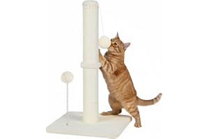 SKYLOS 54cm Cat Scratching Post, Tall Scratch Post Claw Scratcher for Large Cats with Teasing Hanging Ball, Natural Sisal Rope Scratch Pole, Spring Pompom, Stable Base (Beige)
