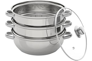 FROPIJ 3 Etagen Kochtopf Set - Edelstahl Dampfgarer Topf mit Verdicktem Boden & Glasdeckel - 28cm Dampftopf für Effizientes Dämpfen - Dampfkocher Dampfkochtopf für Induktionsherd Gasherd